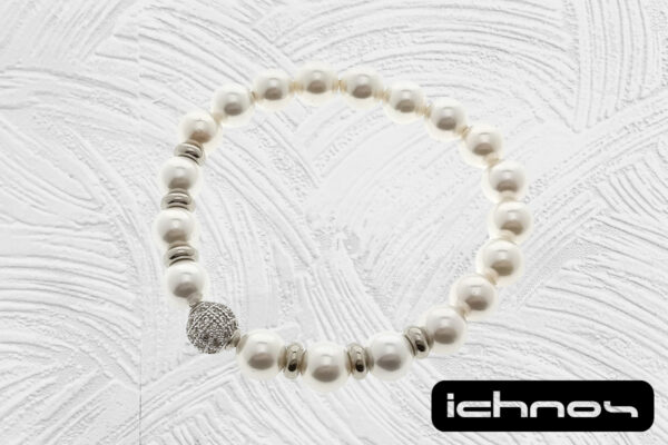 Bracciale perle elasticizzato mm. 8 con rondelle acciaio e sfera strass