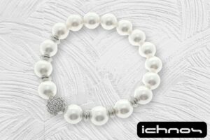 Bracciale perle mm. 10 elasticizzato con rondelle acciaio e sfera strass