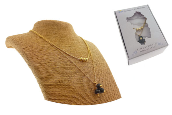 Collana 2 fili acciaio dorato con sfere e 3 pietre onice