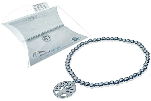 Bracciale elasticizzato sfere acciaio mm. 4 con ciondolo albero