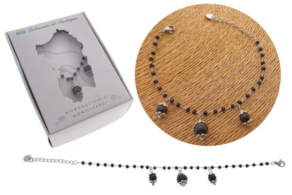 Bracciale maglia acciaio e cristalli neri con 3 pietre onice