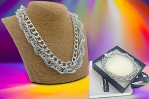Collana 2 catene alluminio maglia argento lucido e intrecciata satinata