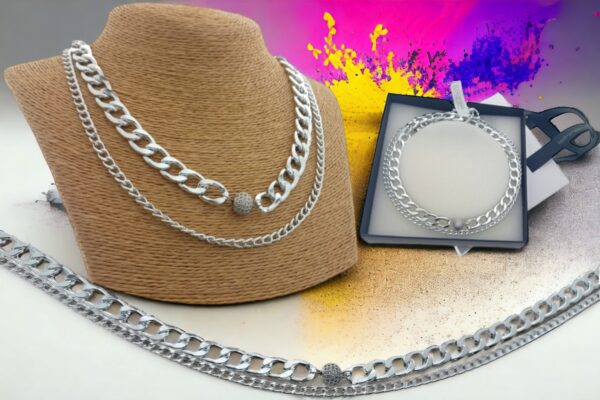 Collana 2 fili maglia alluminio lucida con sfera strass