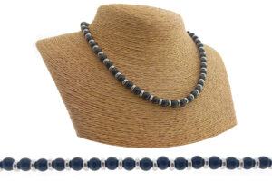 Collana uomo con pietre nere 6 mm. e rondelle acciaio
