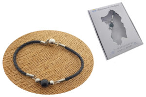 Bracciale acciaio tubolare pelle con centrale 2 sfere acciaio e pietra onice chiusura magnetica