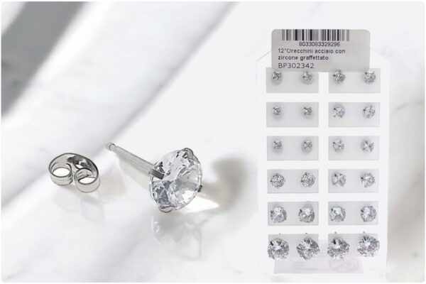 Orecchini acciaio con zircone graffettato misure 3/4/5/6/8 mm - card 12 paia