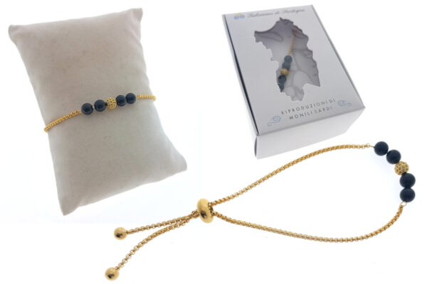 Bracciale autoregolabile acciaio dorato con pietre onice e sfera strass