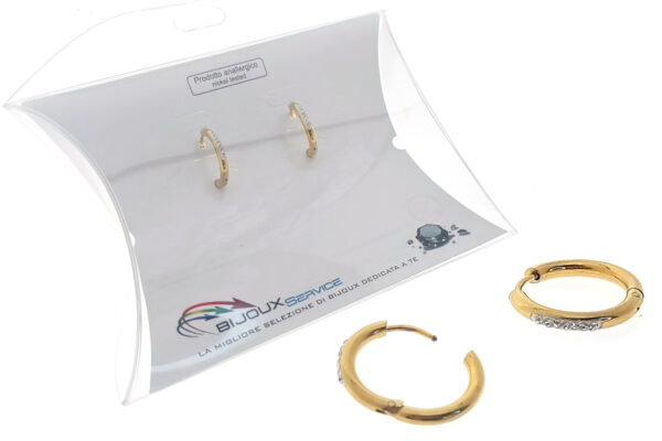 Orecchino cerchietto acciaio dorato one touch strass diam. 19x2 mm