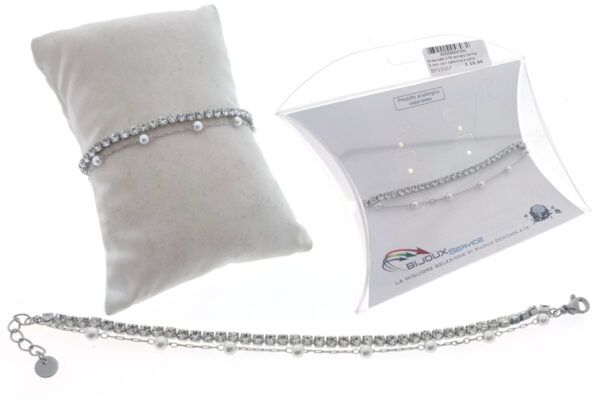 Bracciale 2 fili acciaio tennis 3 mm con catenina e perle